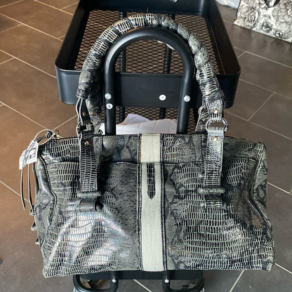 Cynthia Rowley vegan faux leather grey and black reptile snakeskin shoulder‎ bag